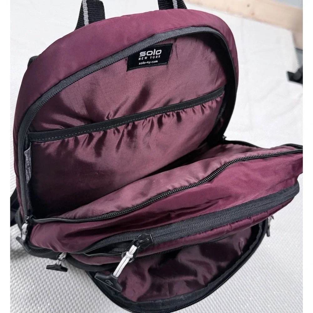 Solo New York Laptop Backpack Burgundy Black Travel School Book Bag Padded
